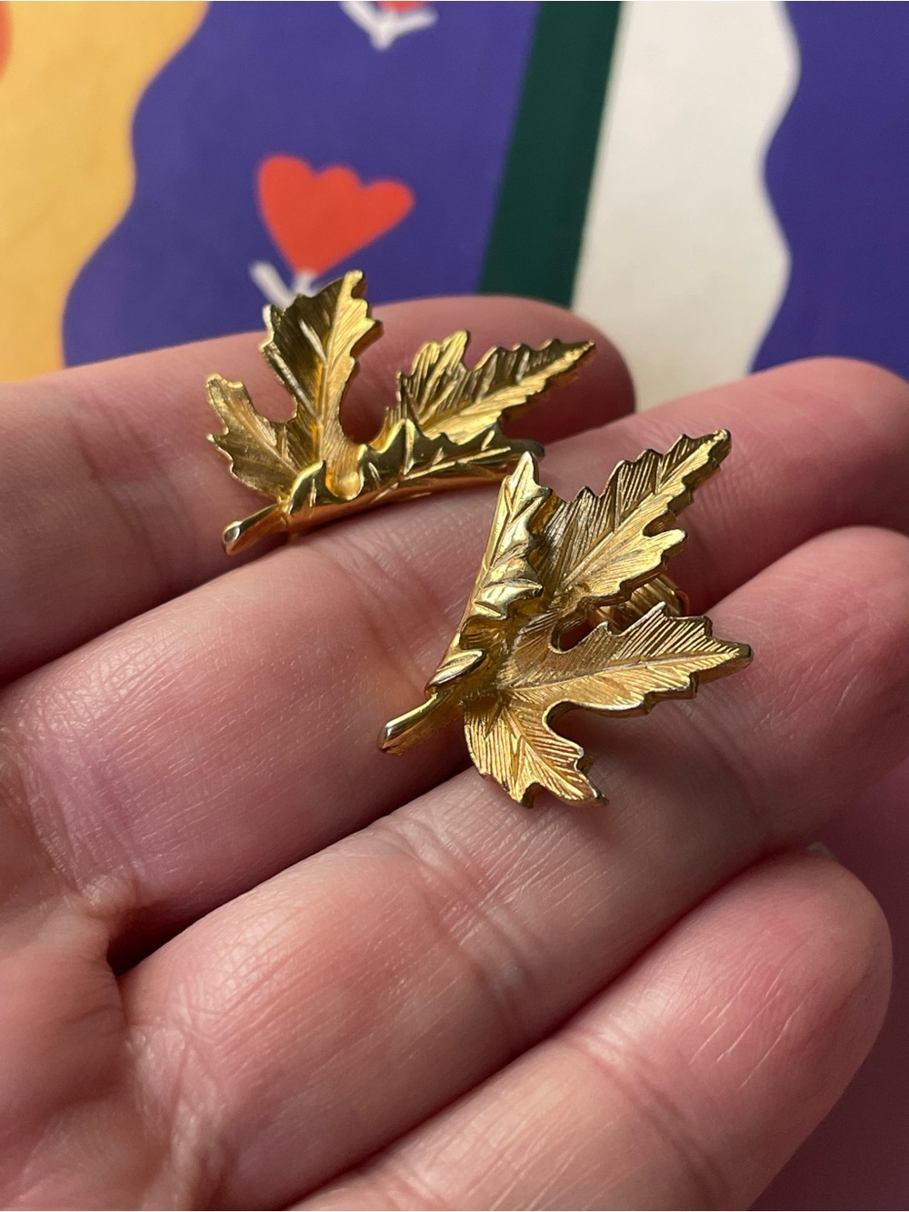 Vintage goldtone veined leaf clip-on earrings autumnal fall leaves